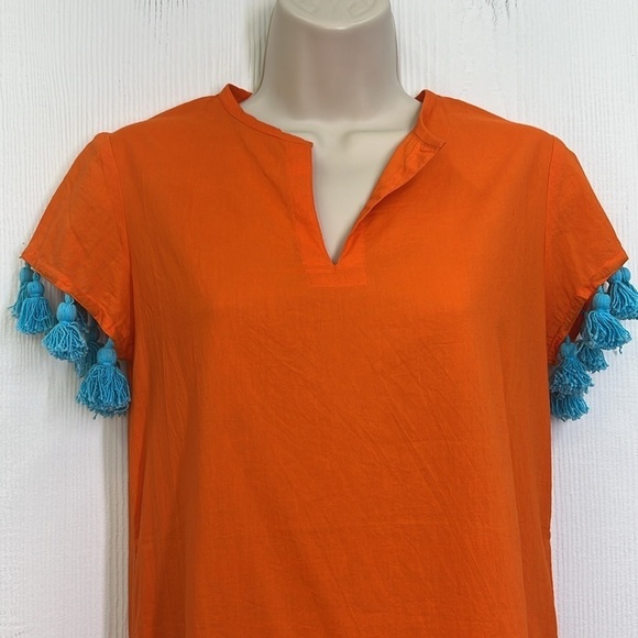 Madison Matthew’s - NWT Sara Mini Bright Orange Teal Tassel Mini Dress Size XS - Picture 3 of 12